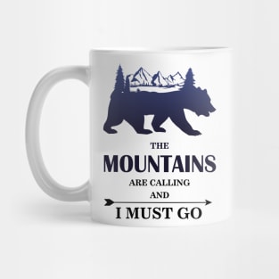 mountains are calling and i must go, Wanderlust California Bear Silhouette with Mountains Landscape, Trees, Moon & Stars Mug